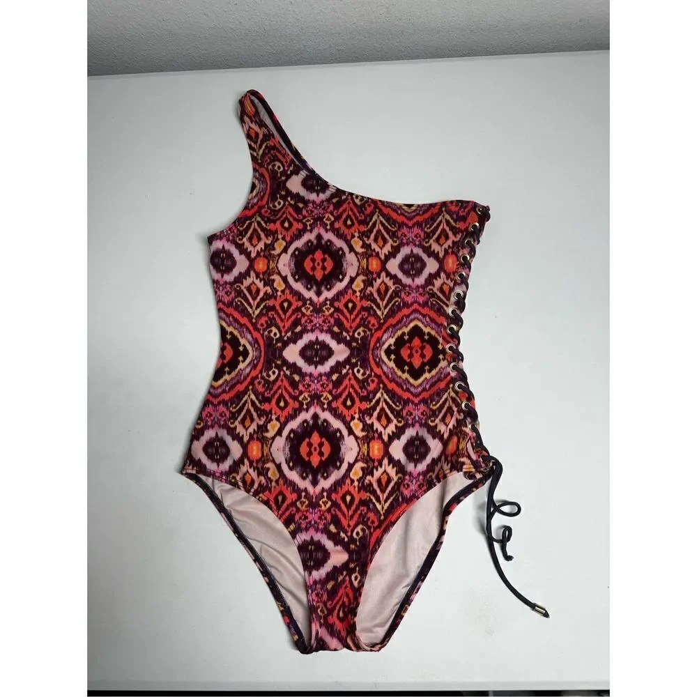Victoria's Secret Red Pink Paisley One Shoulder Side Lace Up One Piece Swimsuit